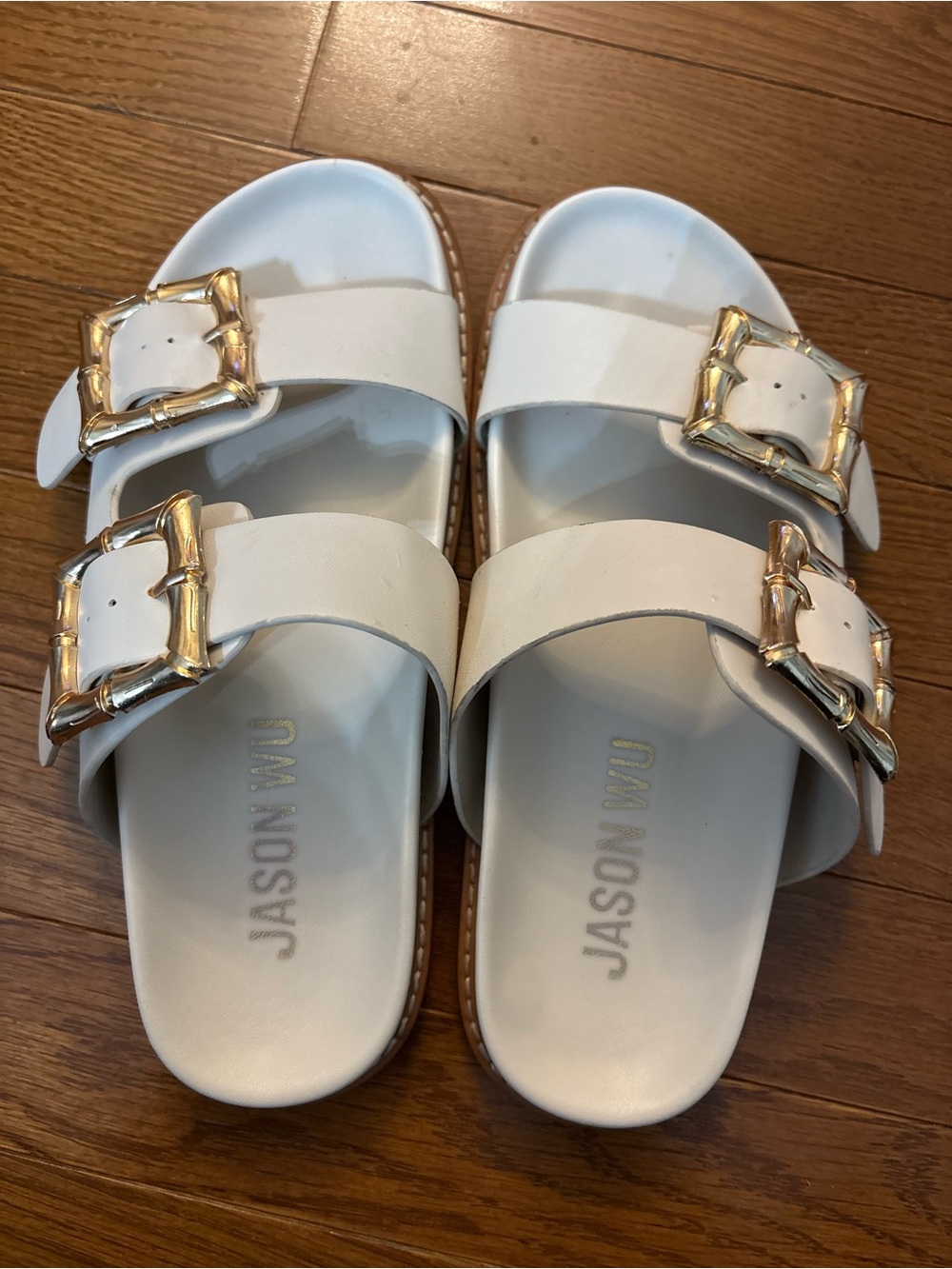 Jason Wu White Double-Buckle Slide Sandals with Gold Buckles